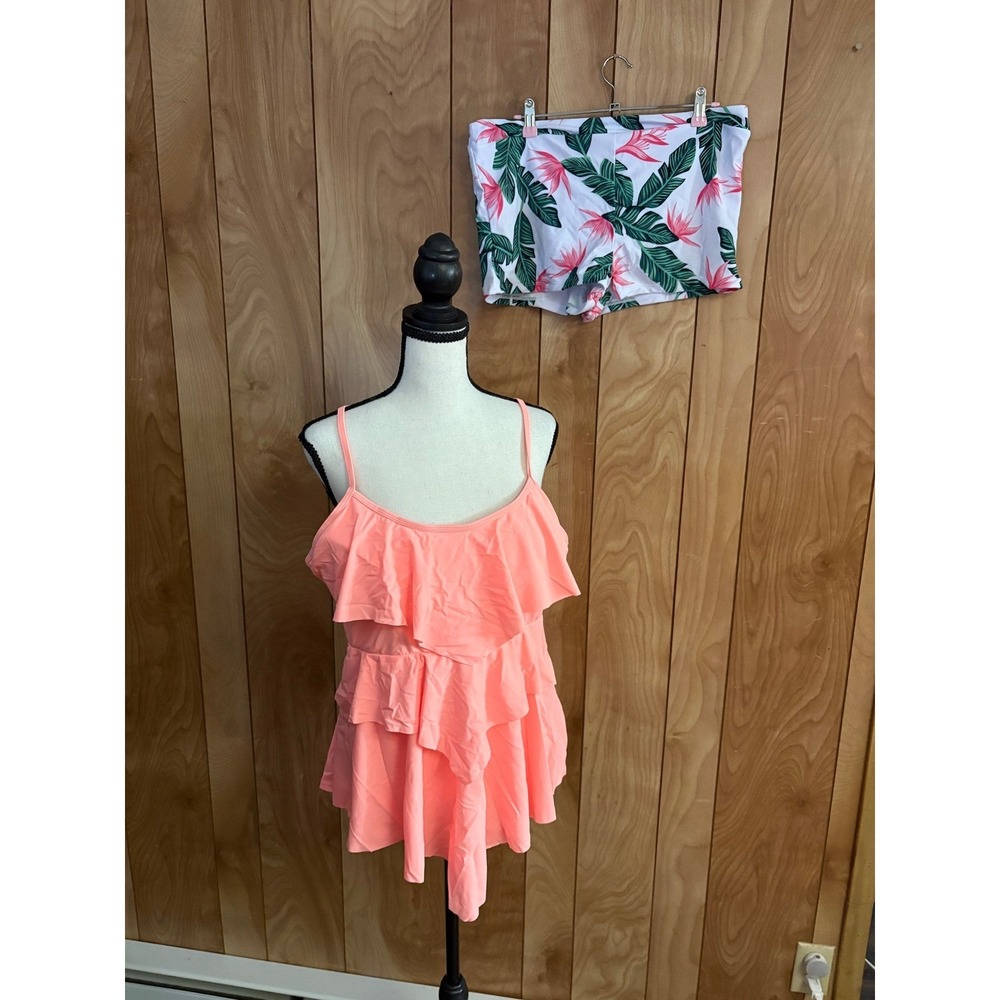 Coral Pink Ruffle Tankini Set Tropical Floral Shorts Swimsuit Plus Size 3XL